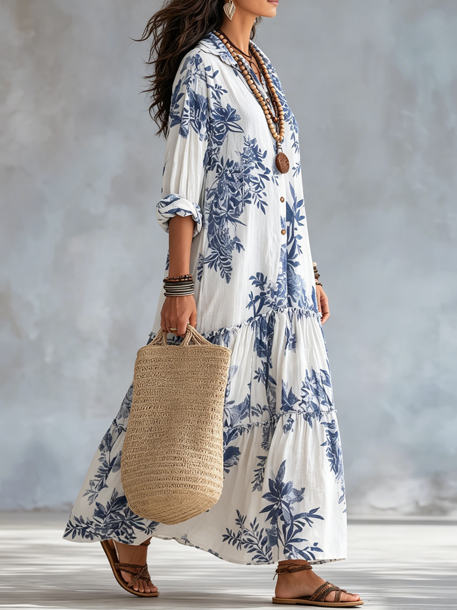 Anika | Plava cvjetna boho maxi haljina