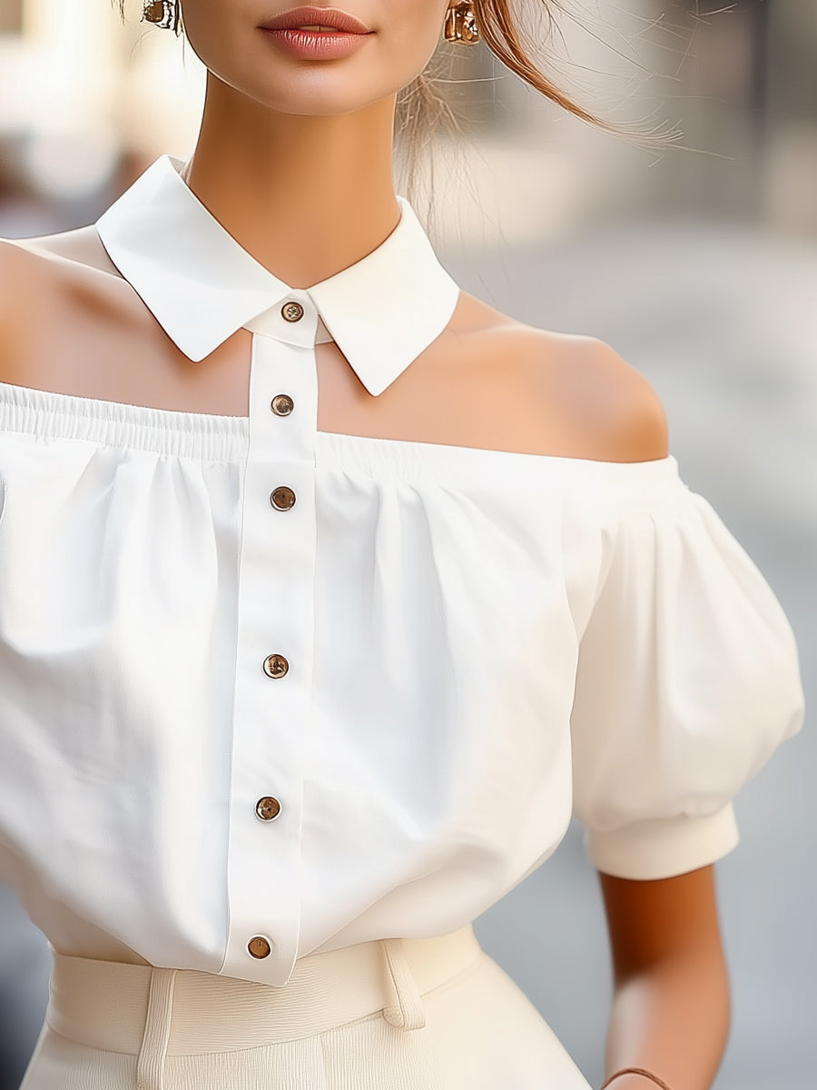 Malorie bluzica sa dugmadi i otvorenim ramenima sa upečatljivim kragnom