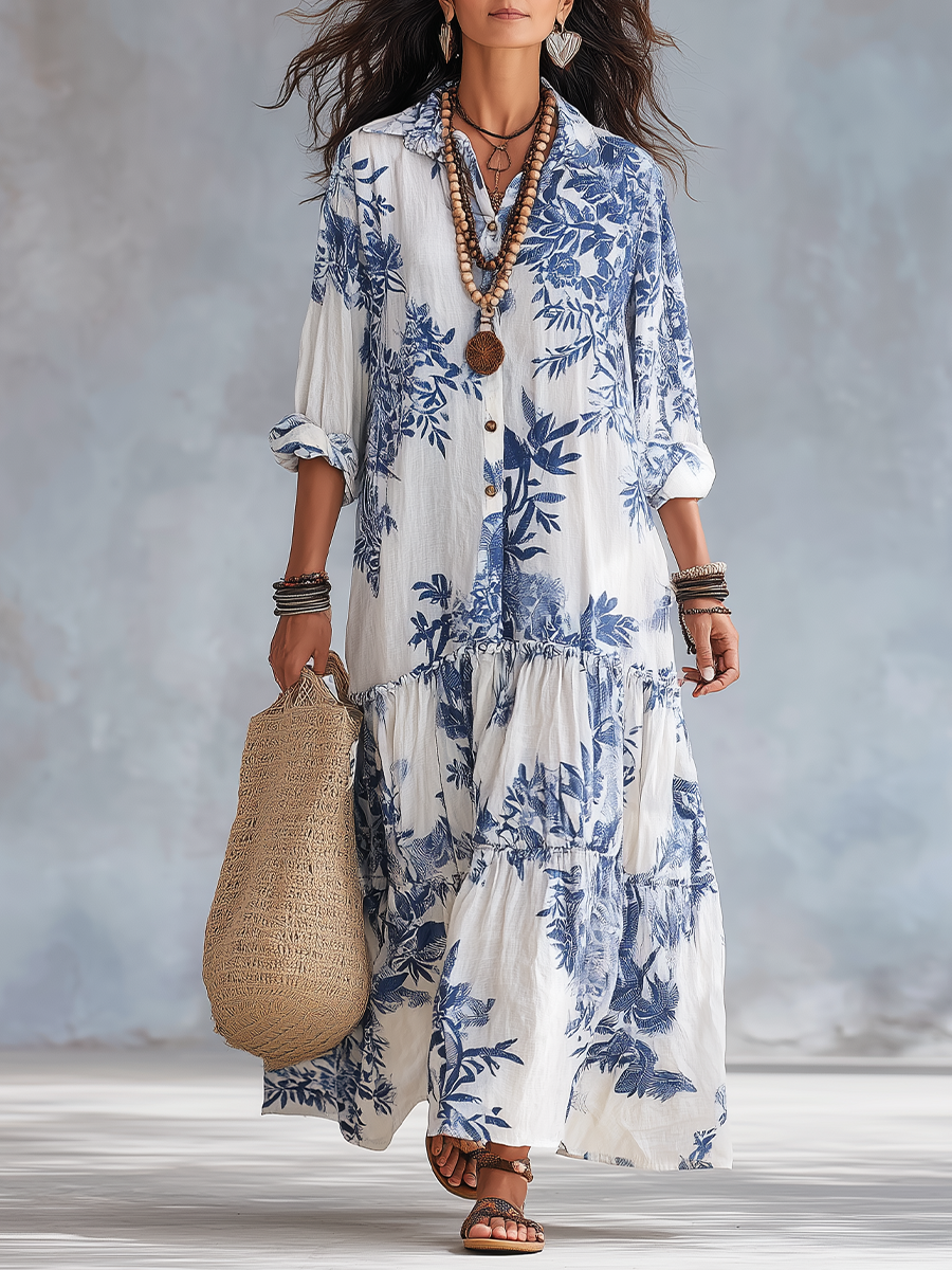 Anika | Plava cvjetna boho maxi haljina