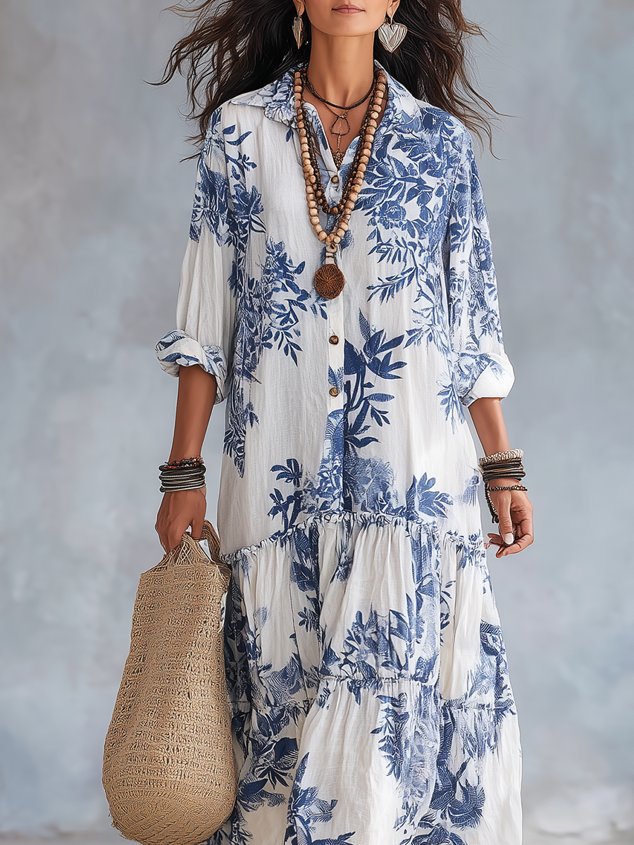 Anika | Plava cvjetna boho maxi haljina