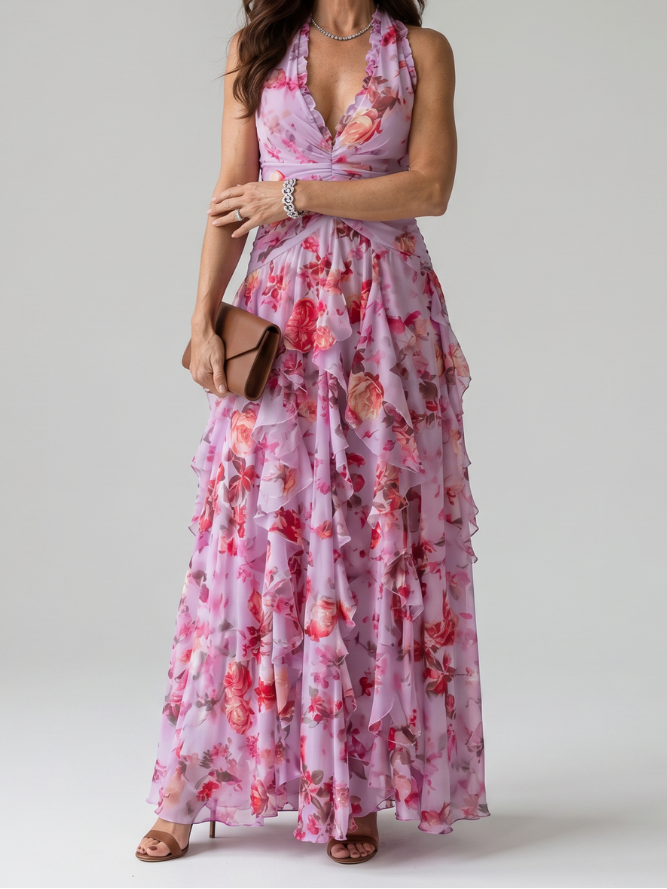 Gabrielle | Halter vrat Ruched Bodice Cvjetna Maxi Haljina