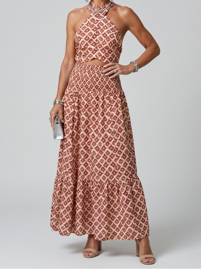 Lisette | Halter Halter Geometrijski Print Izrezani Midi Haljina