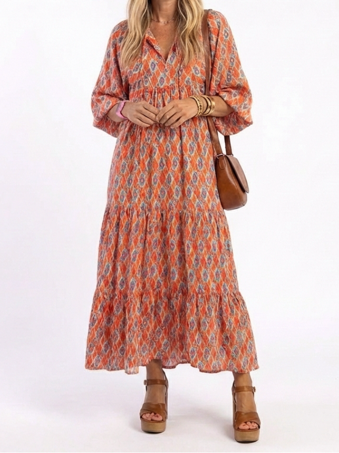 Modestine | Geometrijski Print Midi Haljina sa V Izrezom