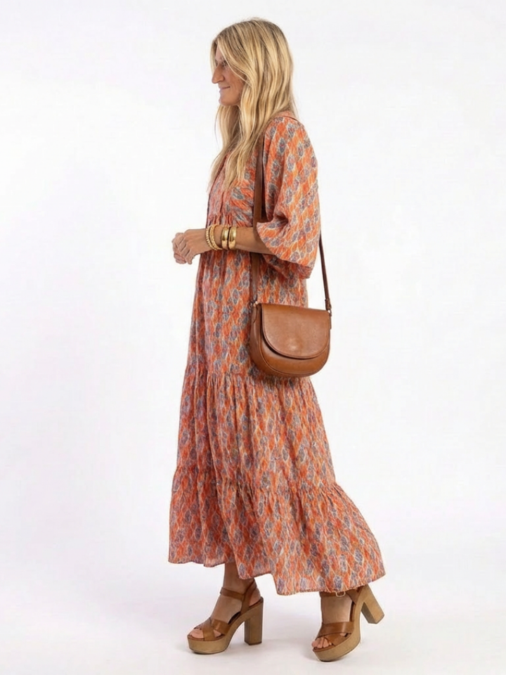 Modestine | Geometrijski Print Midi Haljina sa V Izrezom