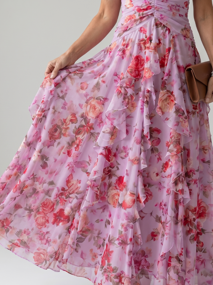 Gabrielle | Halter vrat Ruched Bodice Cvjetna Maxi Haljina