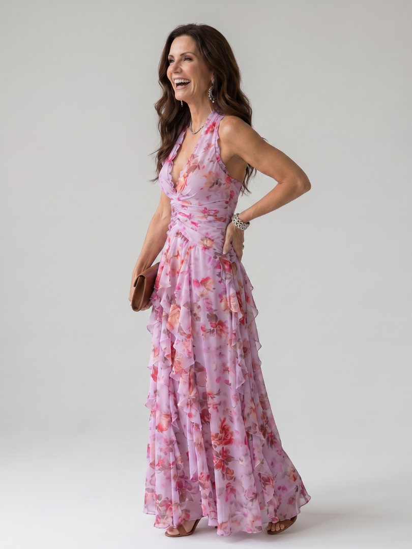 Gabrielle | Halter vrat Ruched Bodice Cvjetna Maxi Haljina
