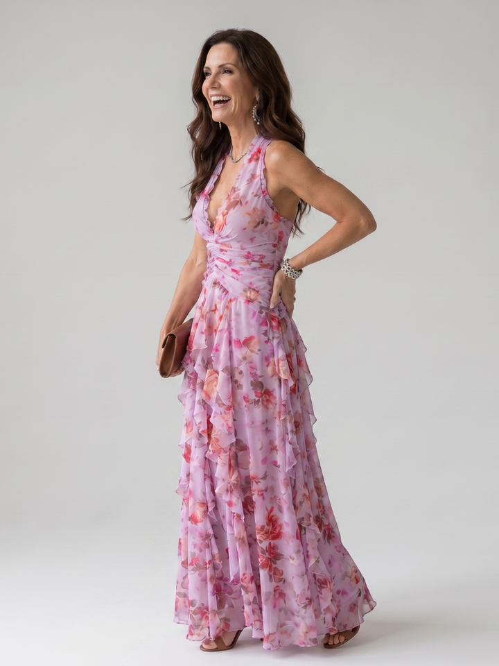 Gabrielle | Halter vrat Ruched Bodice Cvjetna Maxi Haljina