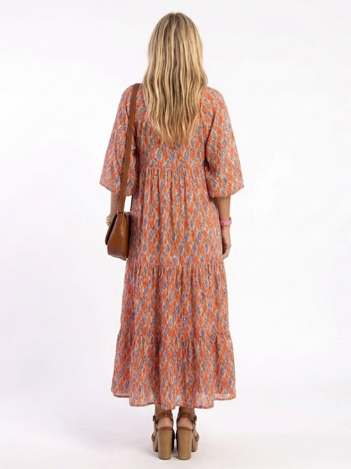 Modestine | Geometrijski Print Midi Haljina sa V Izrezom