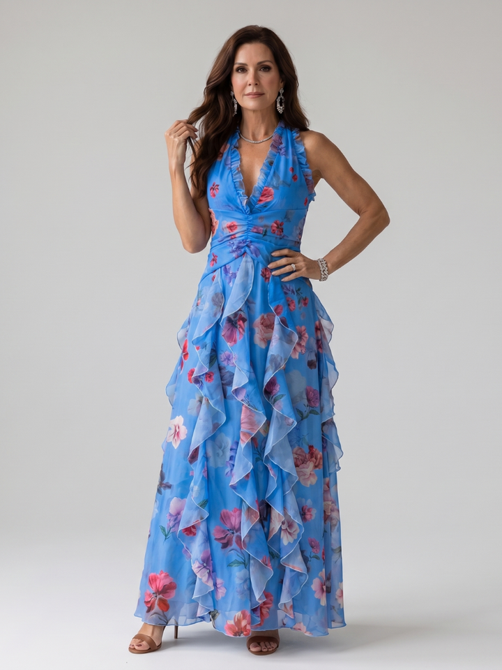 Gabrielle | Halter vrat Ruched Bodice Cvjetna Maxi Haljina