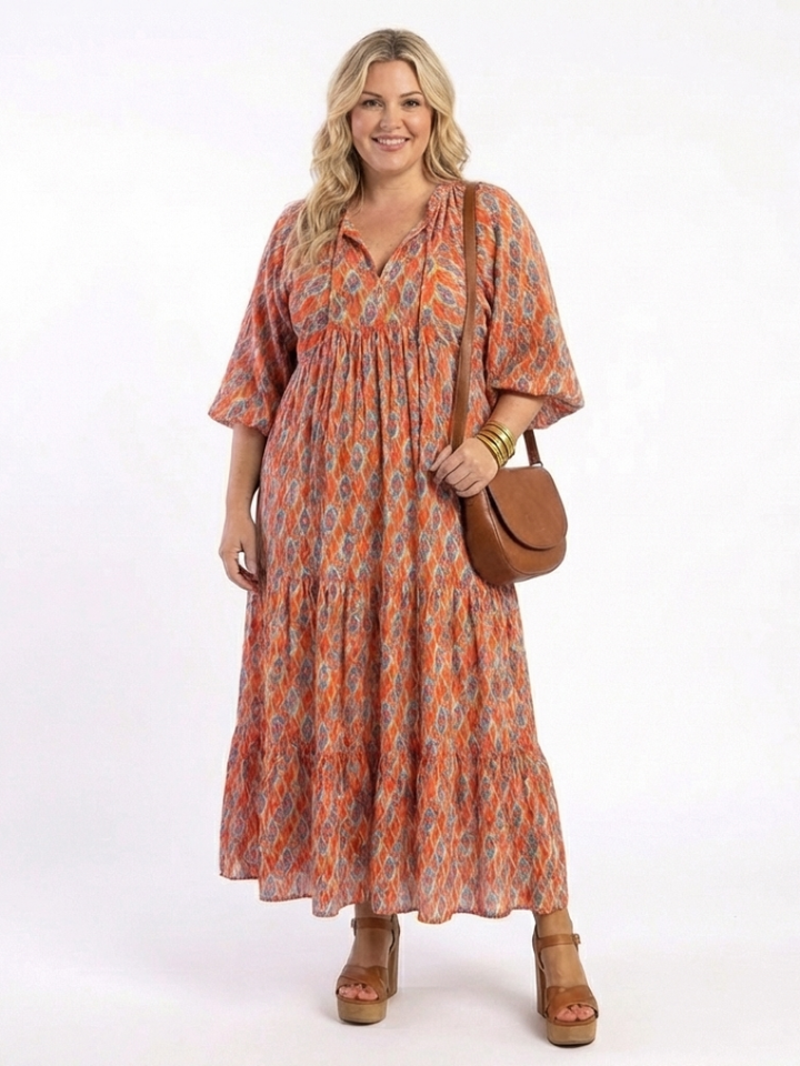 Modestine | Geometrijski Print Midi Haljina sa V Izrezom