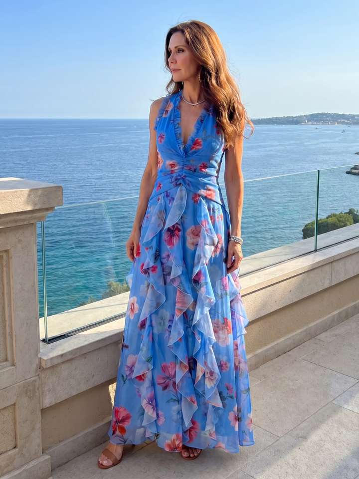 Gabrielle | Halter vrat Ruched Bodice Cvjetna Maxi Haljina