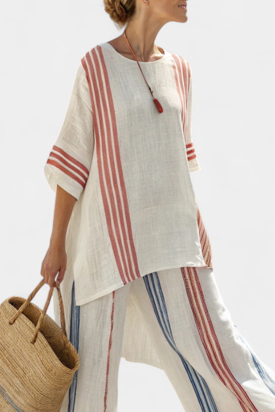 Leontine | Sofisticirani višebojni prugasti top i mediteranske pantalone