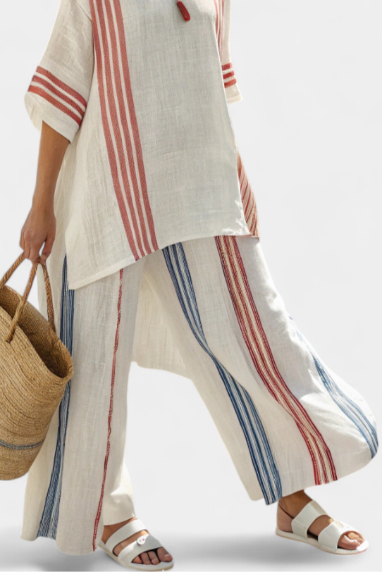 Leontine | Sofisticirani višebojni prugasti top i mediteranske pantalone
