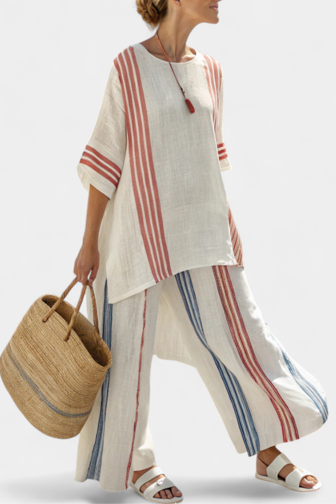 Leontine | Sofisticirani višebojni prugasti top i mediteranske pantalone