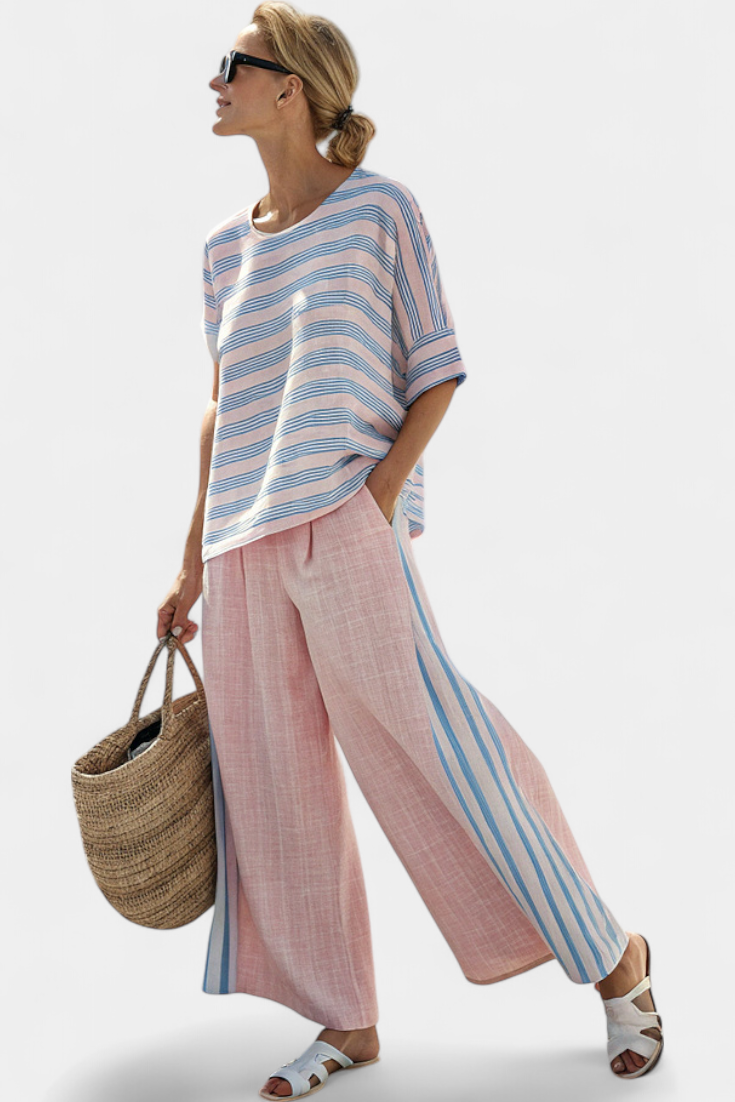 Lilette | Elegantna Roze-Plava Posteljina Bluzica i Mekane Pantalone