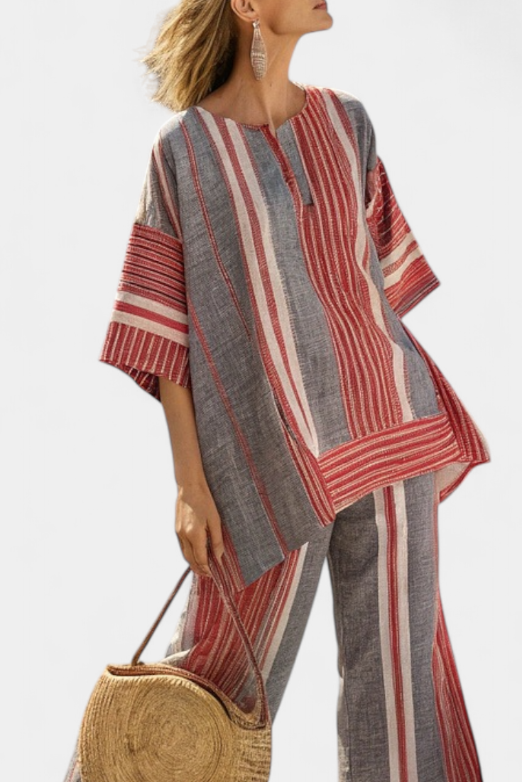 Odile | Elegantna koralno-siva postava i pantalone širokih nogavica
