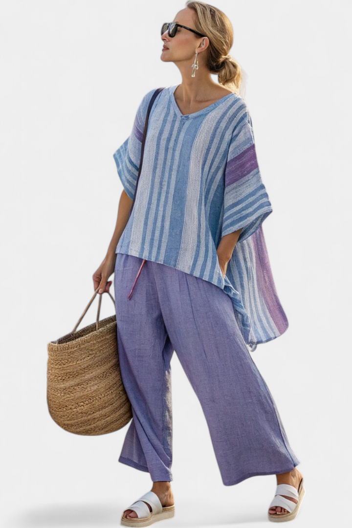 Edwige | Elegantna Lila i Nebesko Plava Majica & Lanene Pantalone