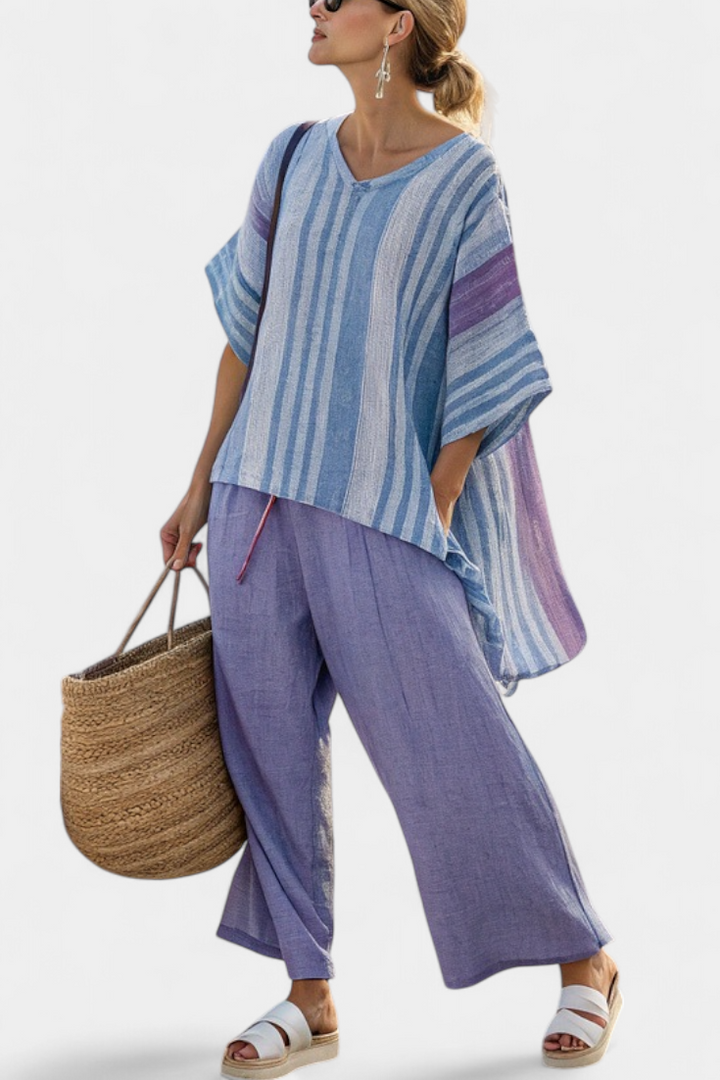Edwige | Elegantna Lila i Nebesko Plava Majica & Lanene Pantalone