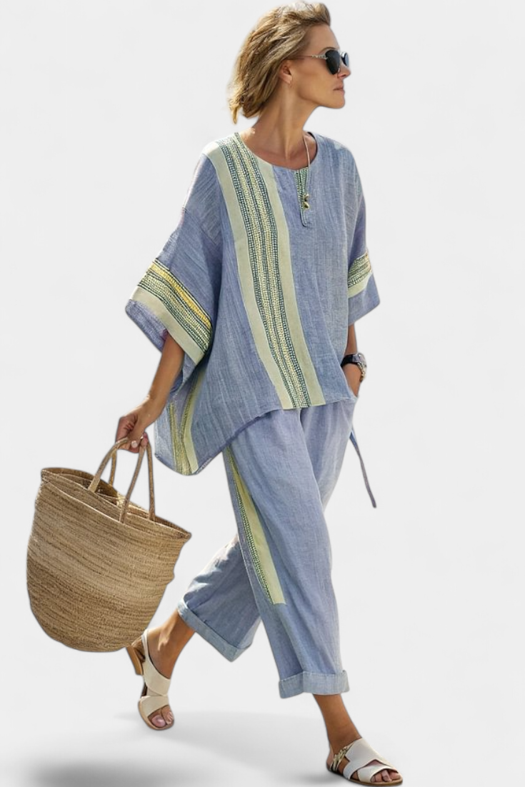 Ophelie | Elegantna Lavanda Majica i Pantalone sa Senf Prugama