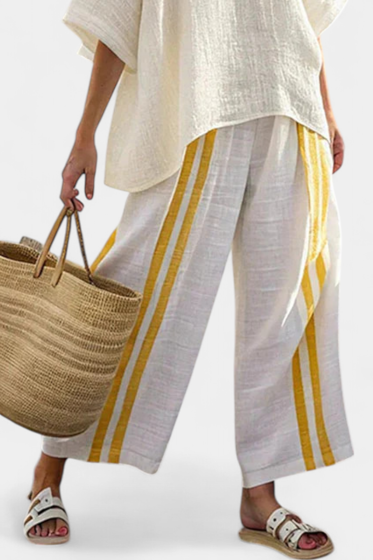 Roxelane | Elegantna žuta prugasta lanena bluzica i pantalone širokih nogavica