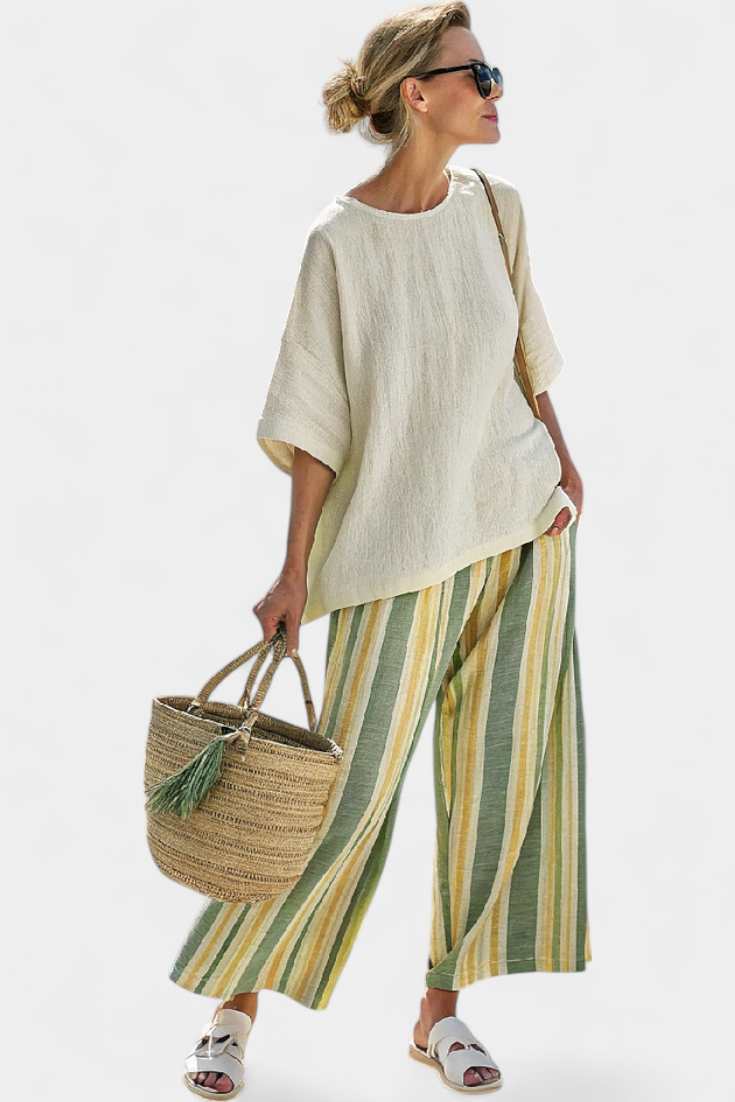 Jocelyne | Sofisticirani Top i Prugaste Lino Pantalone
