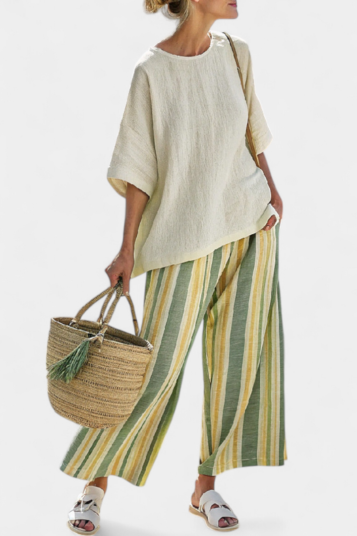 Jocelyne | Sofisticirani Top i Prugaste Lino Pantalone
