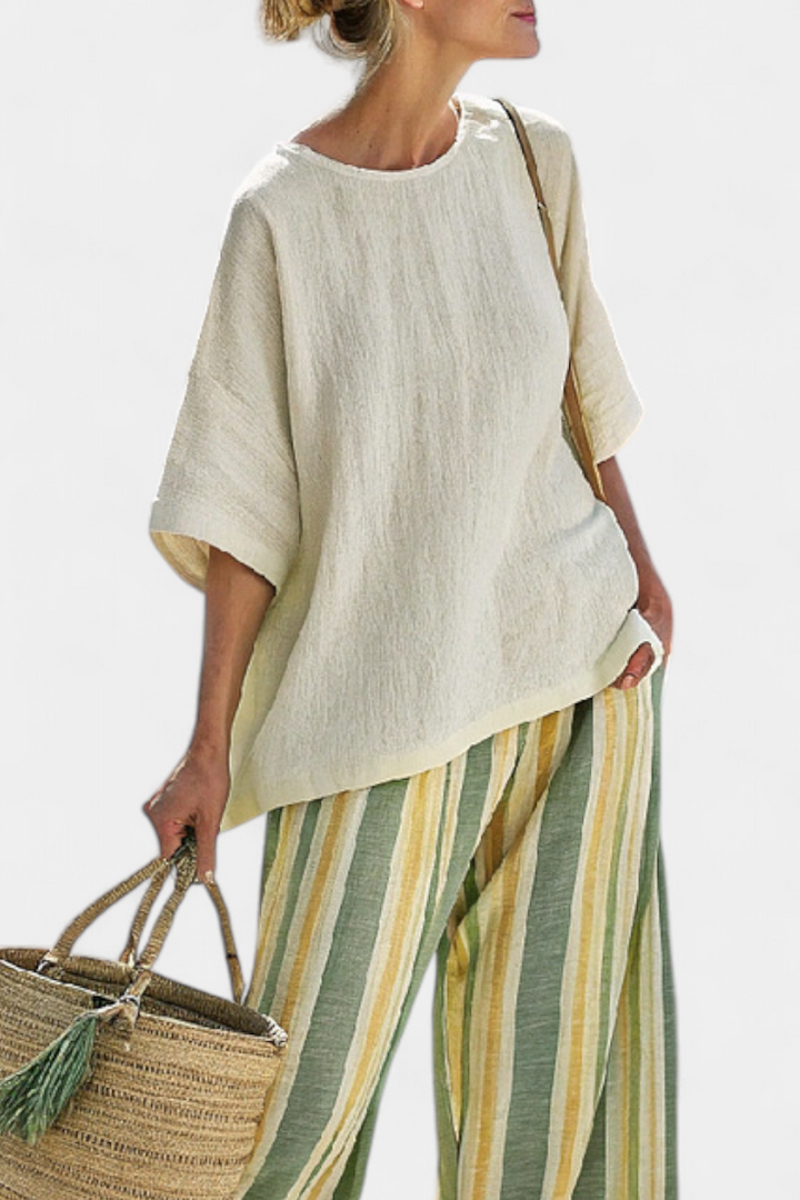 Jocelyne | Sofisticirani Top i Prugaste Lino Pantalone