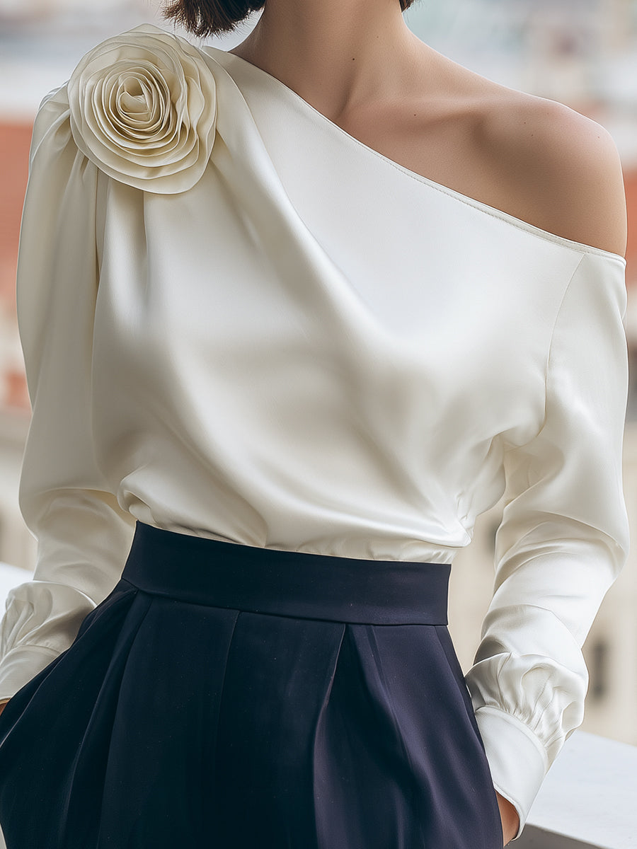 Karolina Satenski Top Na Jedno Rame Sa 3D Cvjetnim Appliqué-om