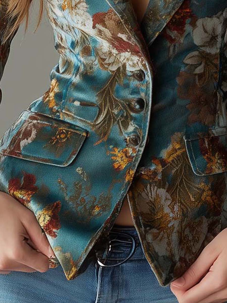 Petronille Vintage Baršunasti Blejzer u Teal Cvećastom Uzorku
