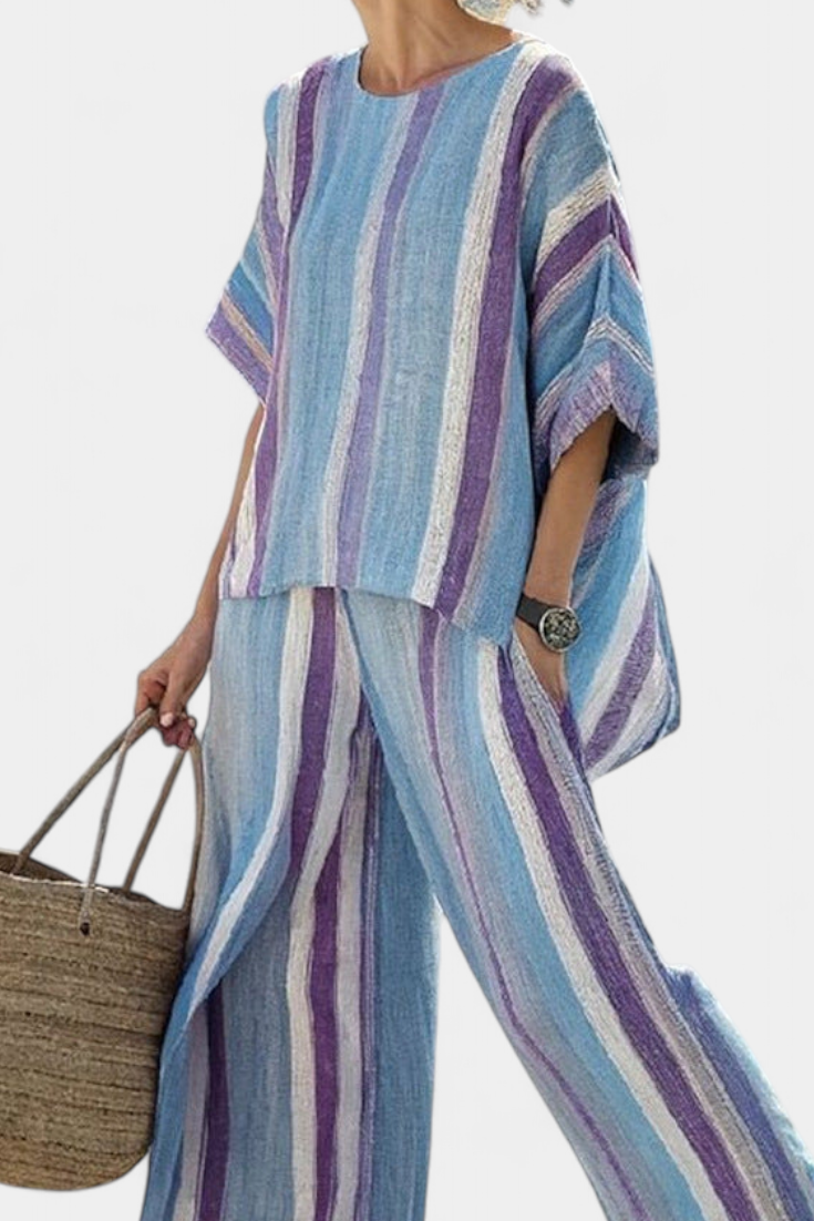 Carlotta | Elegantna Mauve Pastel Bluzica & Prugaste Lanene Pantalone
