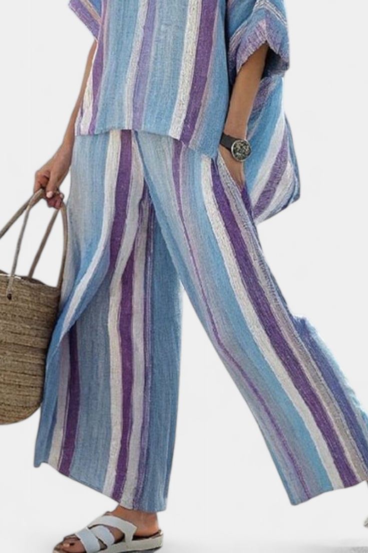 Carlotta | Elegantna Mauve Pastel Bluzica & Prugaste Lanene Pantalone