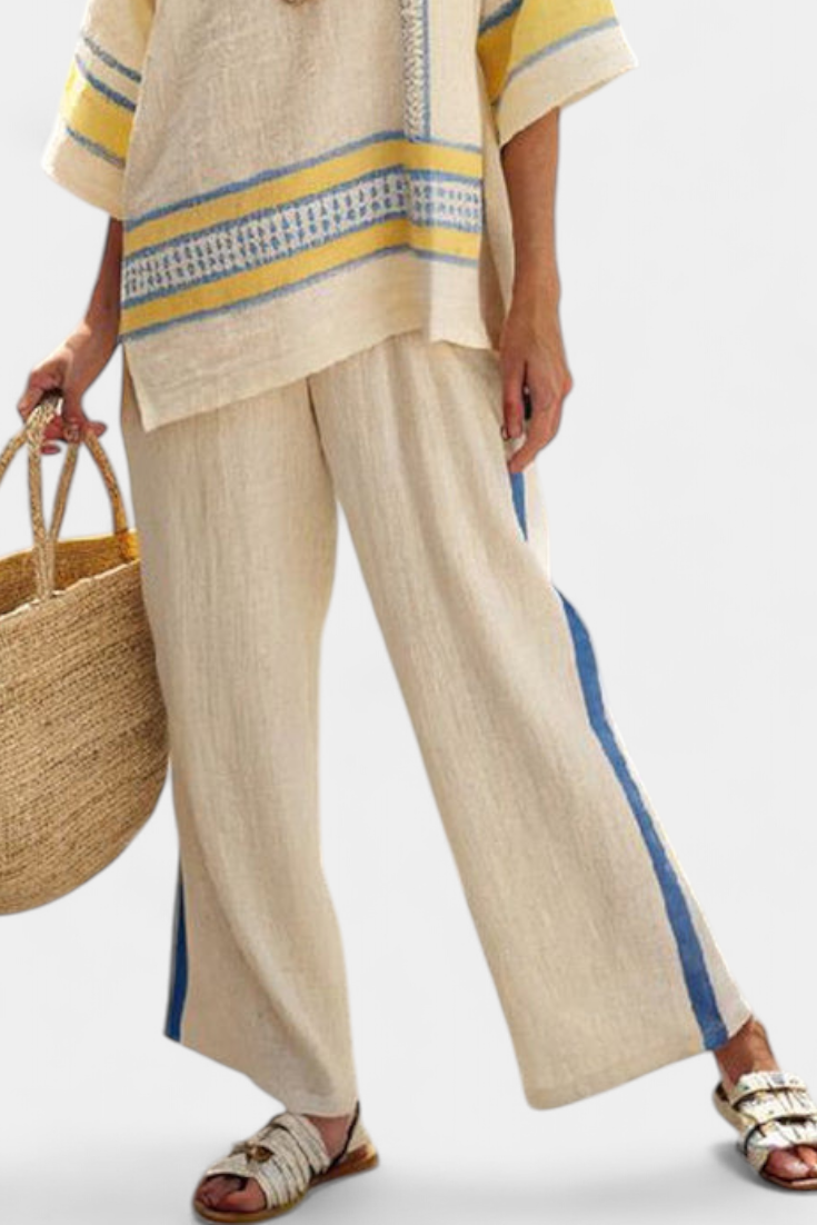 Mirabelle | Udoban Plavo-Žuti Mediteranski Top i Pantalone od Lanenog Platna
