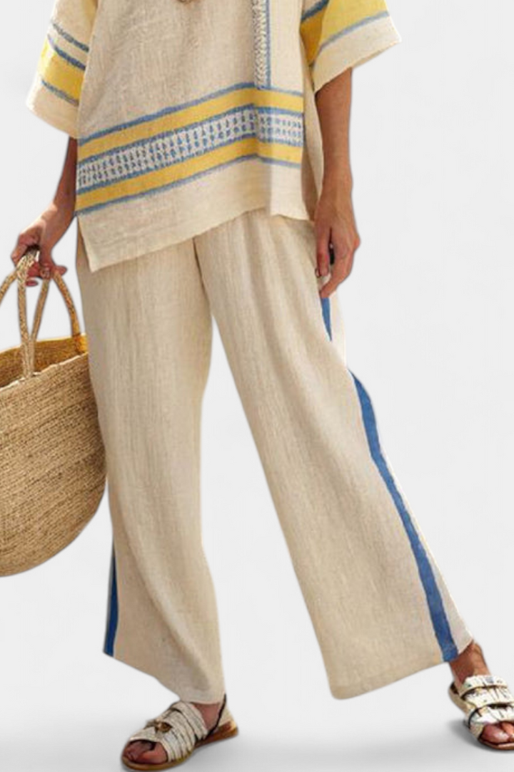 Mirabelle | Udoban Plavo-Žuti Mediteranski Top i Pantalone od Lanenog Platna
