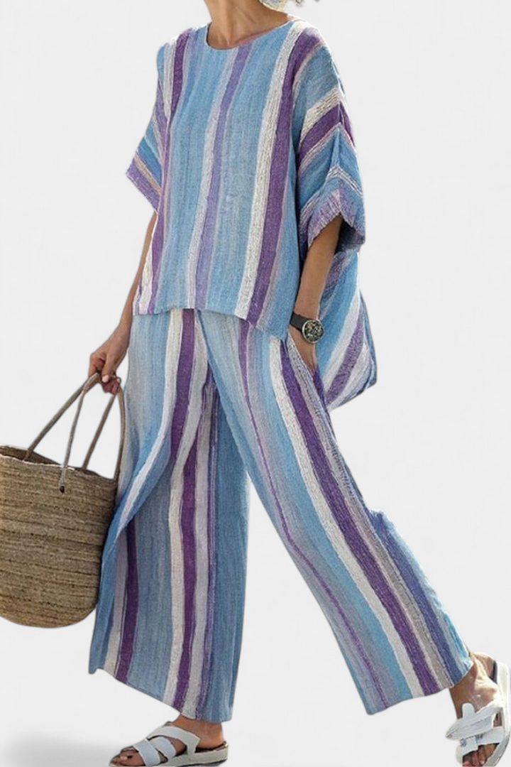 Carlotta | Elegantna Mauve Pastel Bluzica & Prugaste Lanene Pantalone
