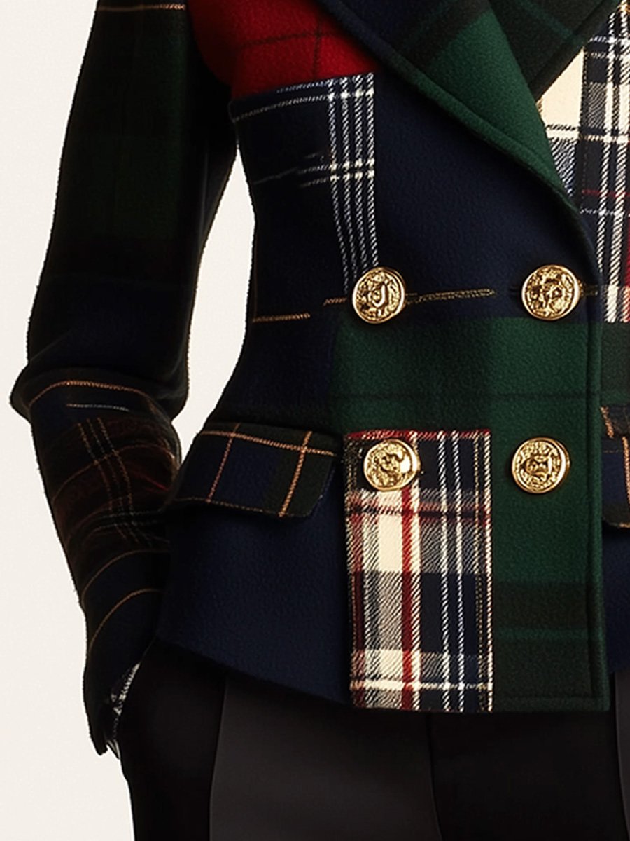 Zora Plaid Dvostruko Dugmadena Vuna Blazer sa Reverom