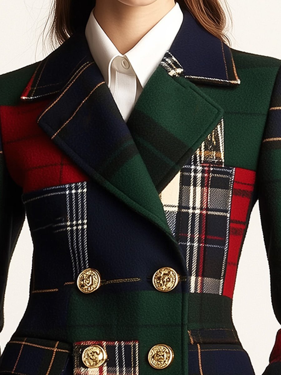 Zora Plaid Dvostruko Dugmadena Vuna Blazer sa Reverom